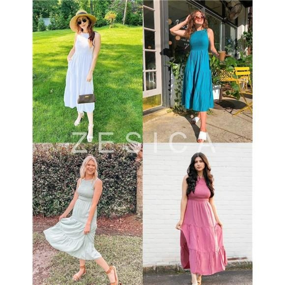 Women's Sleeveless Crew Neck Smocked High Waist Flowy Tiered A Line Midi Dress - Picture 6 of 6